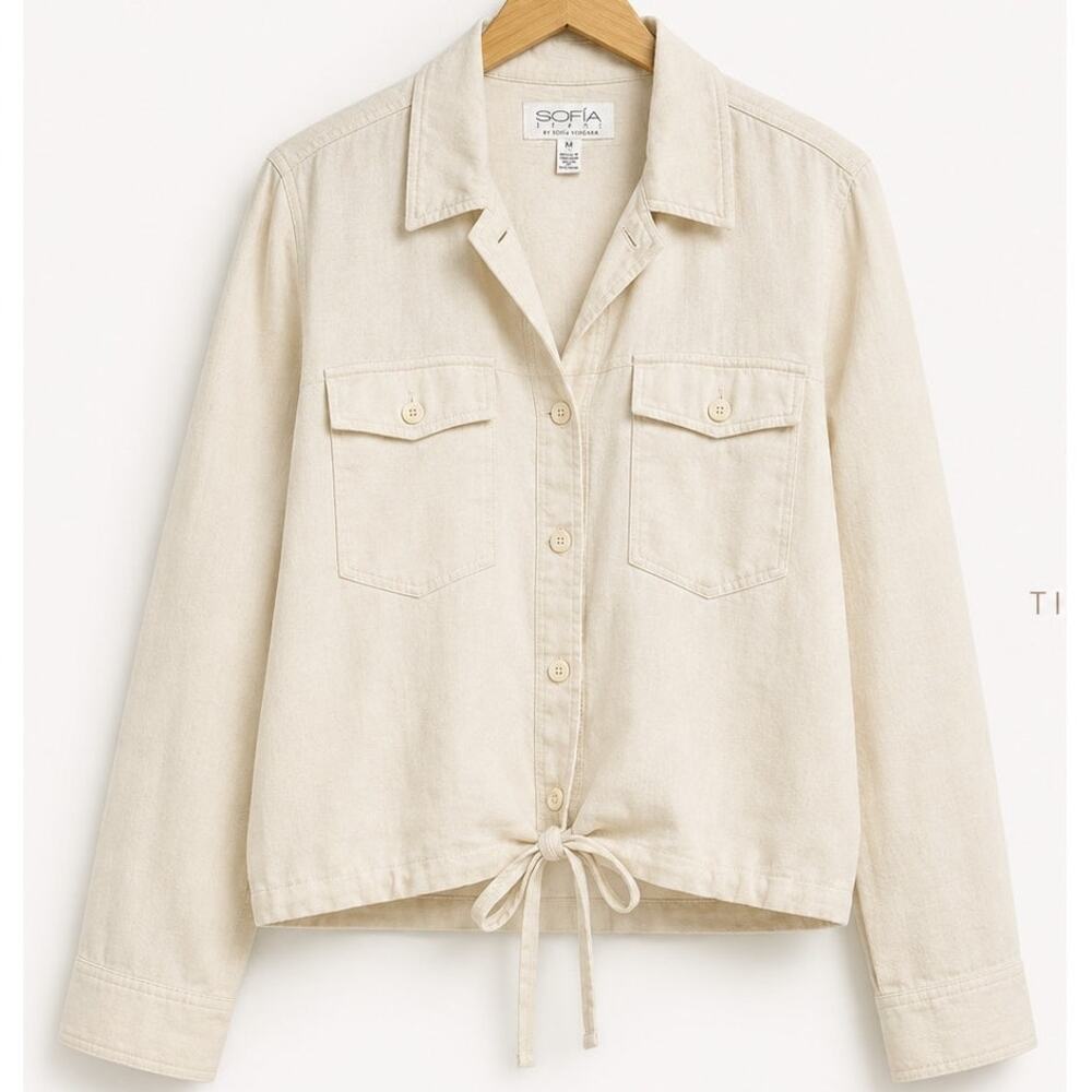 Sofia by Sofia Vergara Tie-Front Jacket Medium Cream Linen Blend Relaxed